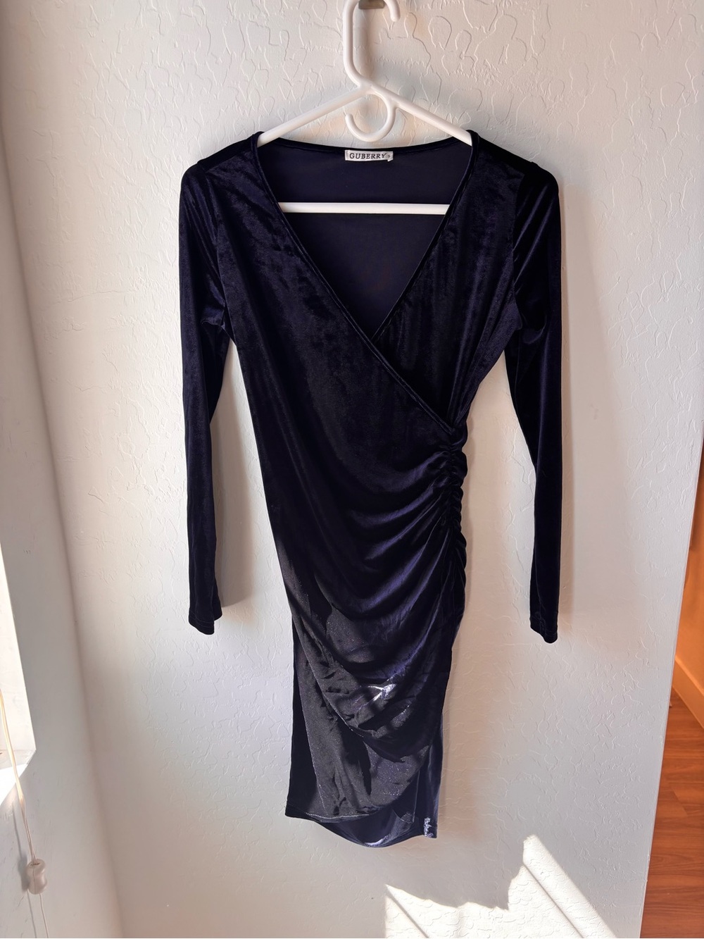 Navy Velvet Wrap Ruched Long Sleeve Dress